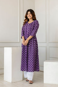 Thumbnail for Women Purple Printed A-Line Kurta with Three Quarter Sleeves - Rasiya