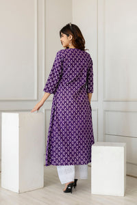 Thumbnail for Women Purple Printed A-Line Kurta with Three Quarter Sleeves - Rasiya