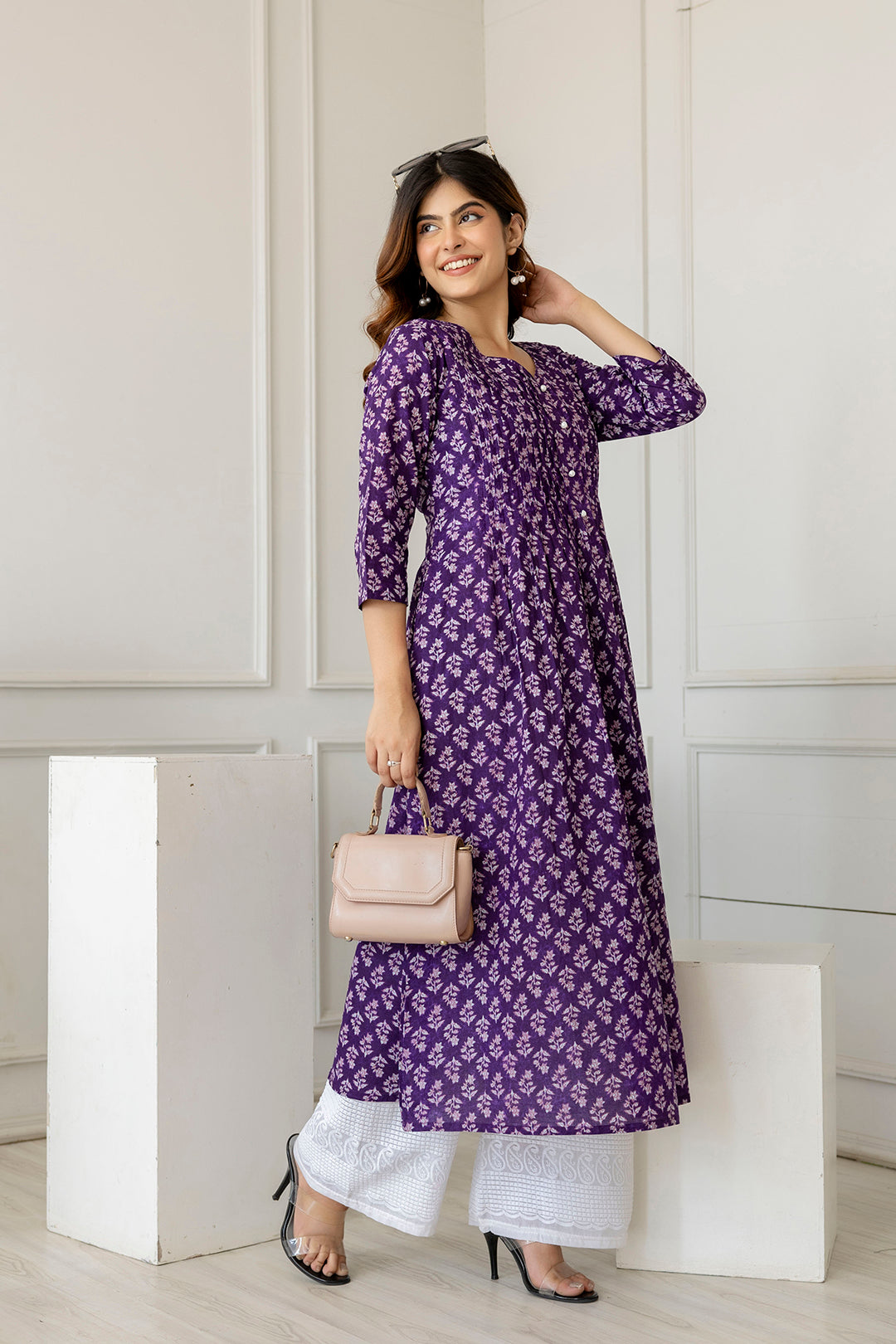 Women Purple Printed A-Line Kurta with Three Quarter Sleeves - Rasiya