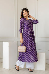 Thumbnail for Women Purple Printed A-Line Kurta with Three Quarter Sleeves - Rasiya