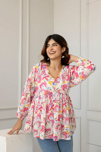 Thumbnail for Women Pink and Off-White Printed V-Neck Peplum Tunic - Rasiya