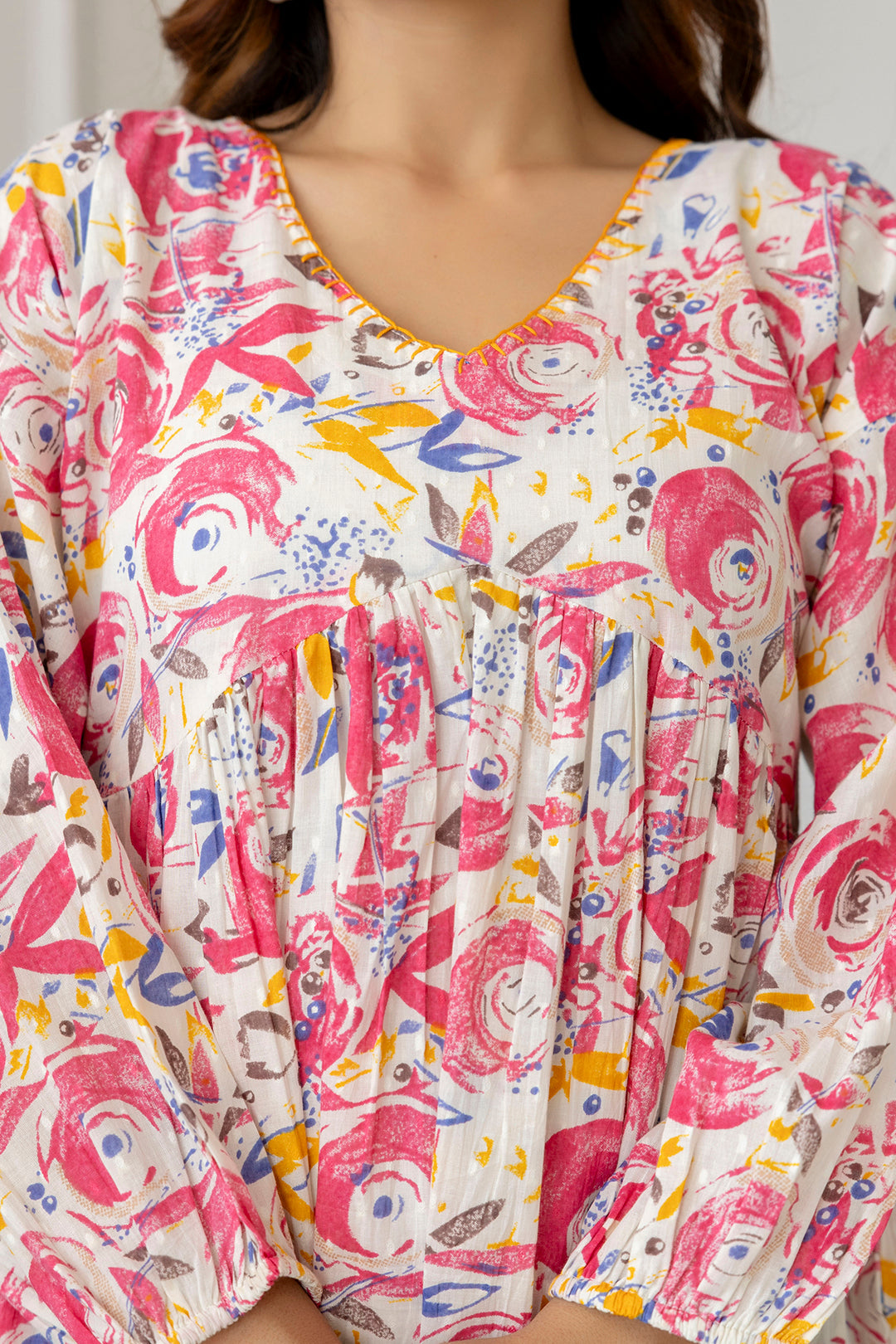 Women Pink and Off-White Printed V-Neck Peplum Tunic - Rasiya