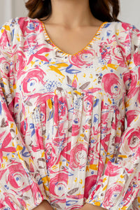 Thumbnail for Women Pink and Off-White Printed V-Neck Peplum Tunic - Rasiya