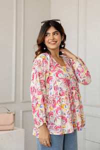 Thumbnail for Women Pink and Off-White Printed V-Neck Peplum Tunic - Rasiya
