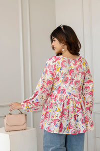 Thumbnail for Women Pink and Off-White Printed V-Neck Peplum Tunic - Rasiya