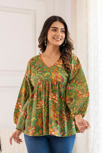 Thumbnail for Women Green Printed V-Neck Peplum Tunic - Rasiya