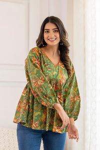 Thumbnail for Women Green Printed V-Neck Peplum Tunic - Rasiya