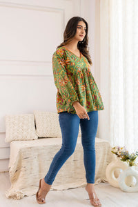 Thumbnail for Women Green Printed V-Neck Peplum Tunic - Rasiya
