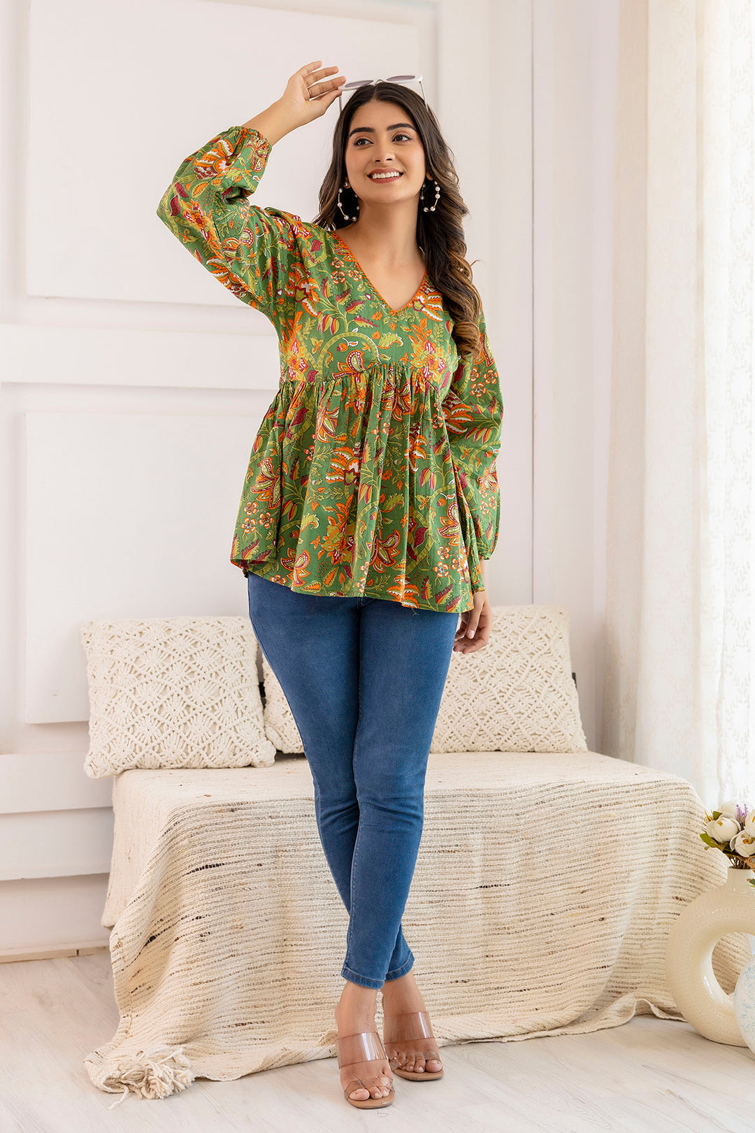 Women Green Printed V-Neck Peplum Tunic - Rasiya