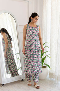 Thumbnail for Women Off White and Purple Printed Straight Kurta With Trouser - Rasiya