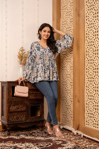 Thumbnail for Women Blue Printed Peplum Tunic - Rasiya