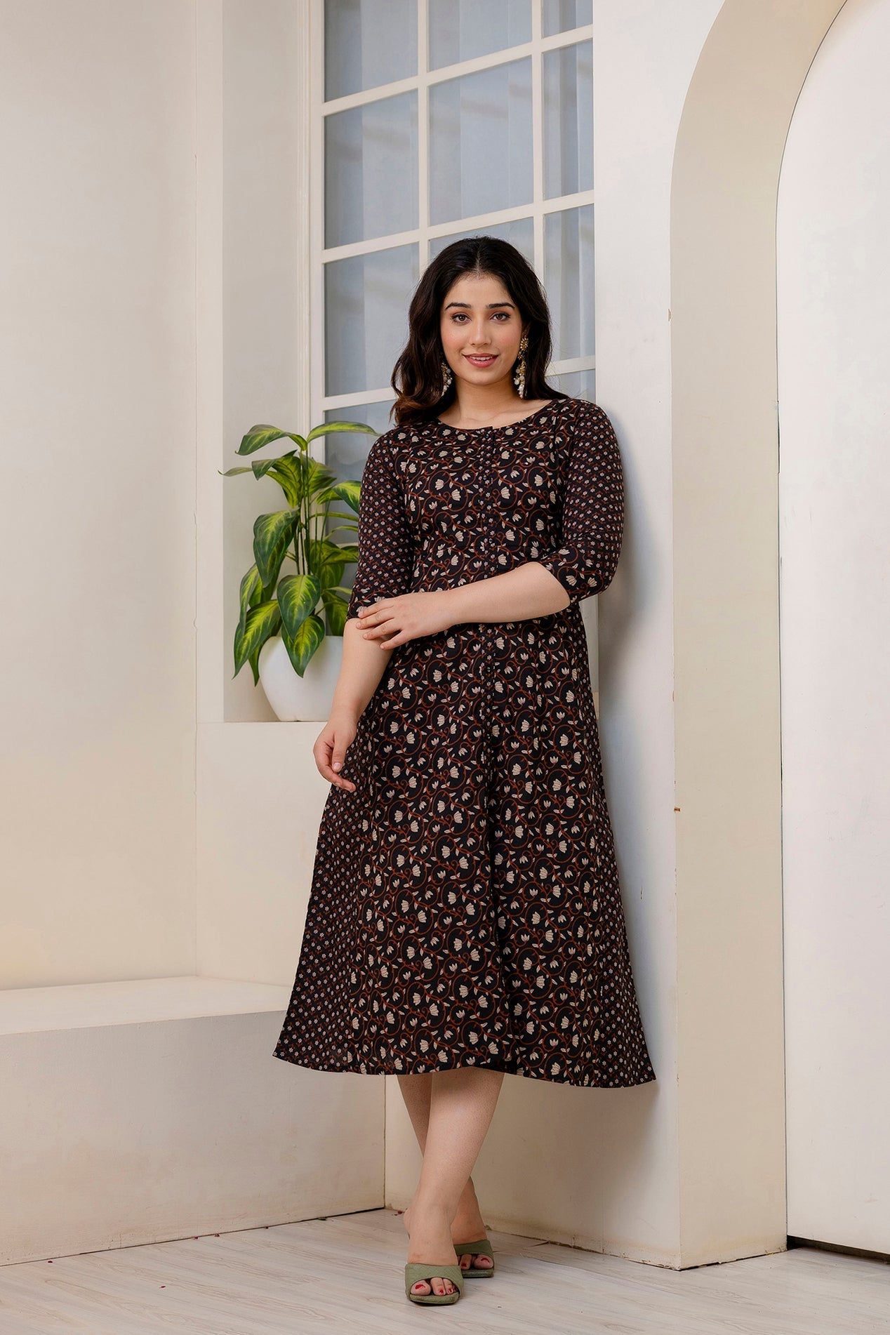 Women Black Ethnic Printed Flared Dress - Rasiya