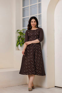 Thumbnail for Women Black Ethnic Printed Flared Dress - Rasiya