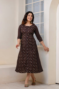 Thumbnail for Women Black Ethnic Printed Flared Dress - Rasiya