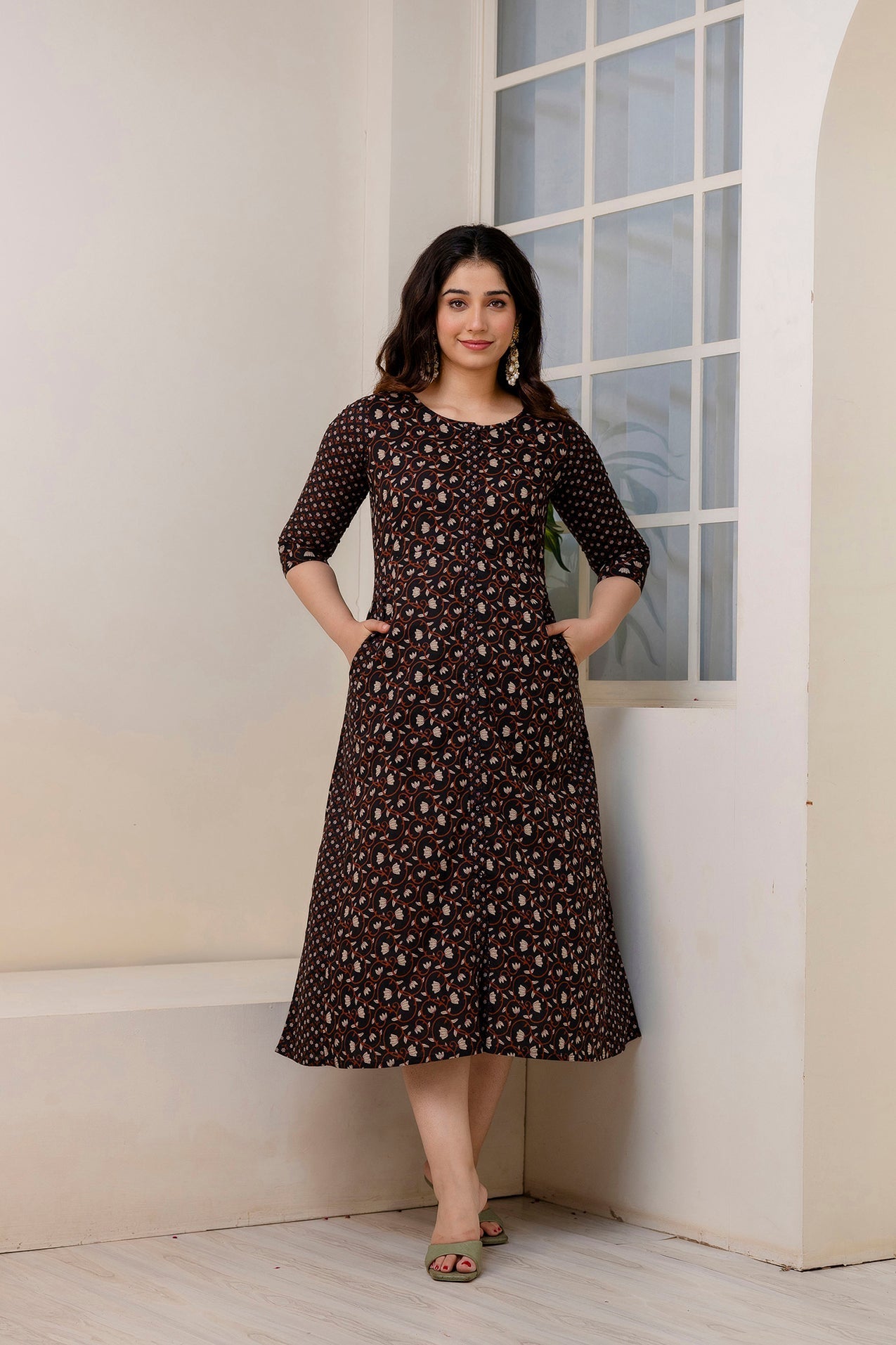 Women Black Ethnic Printed Flared Dress - Rasiya