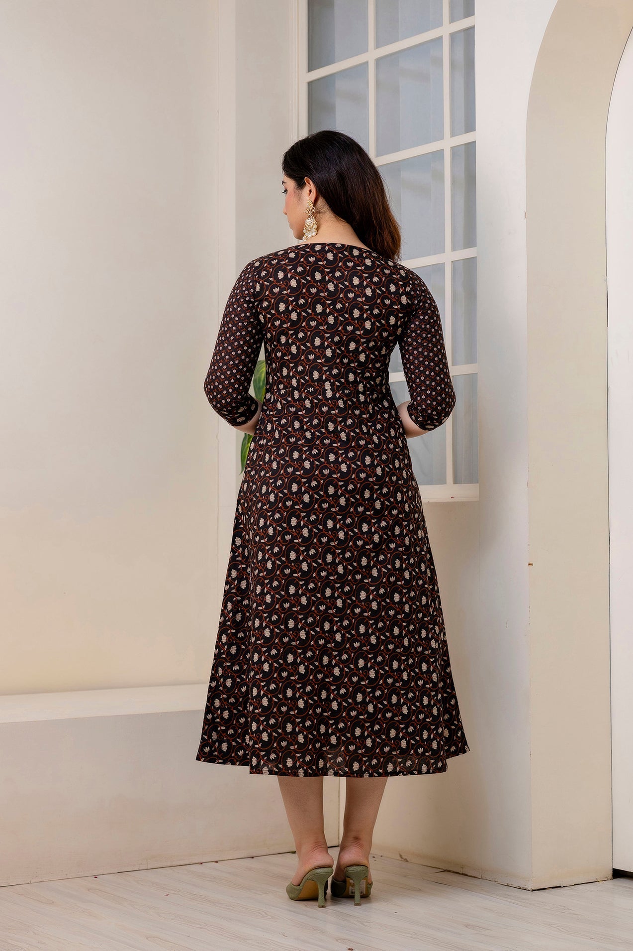 Women Black Ethnic Printed Flared Dress - Rasiya