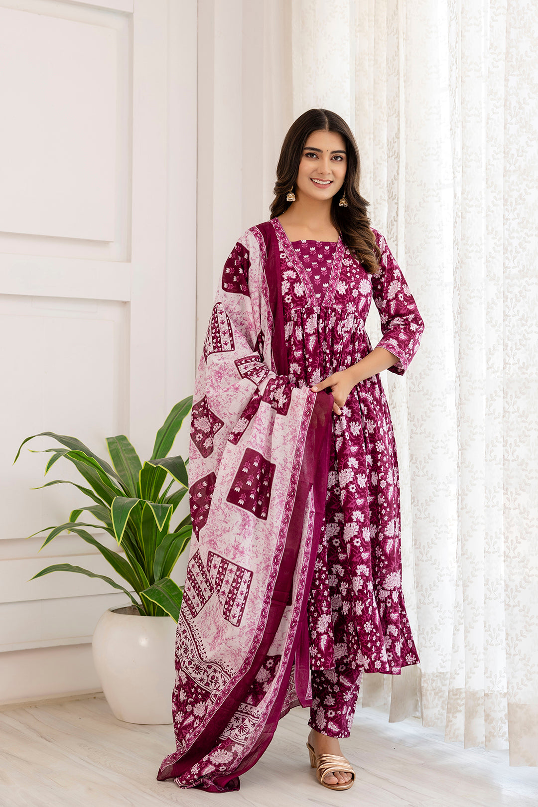 Women Purple Ethnic Printed Anarkali Kurta And Trouser With Dupatta - Rasiya