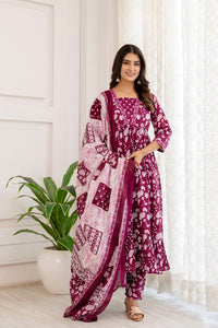 Thumbnail for Women Purple Ethnic Printed Anarkali Kurta And Trouser With Dupatta - Rasiya