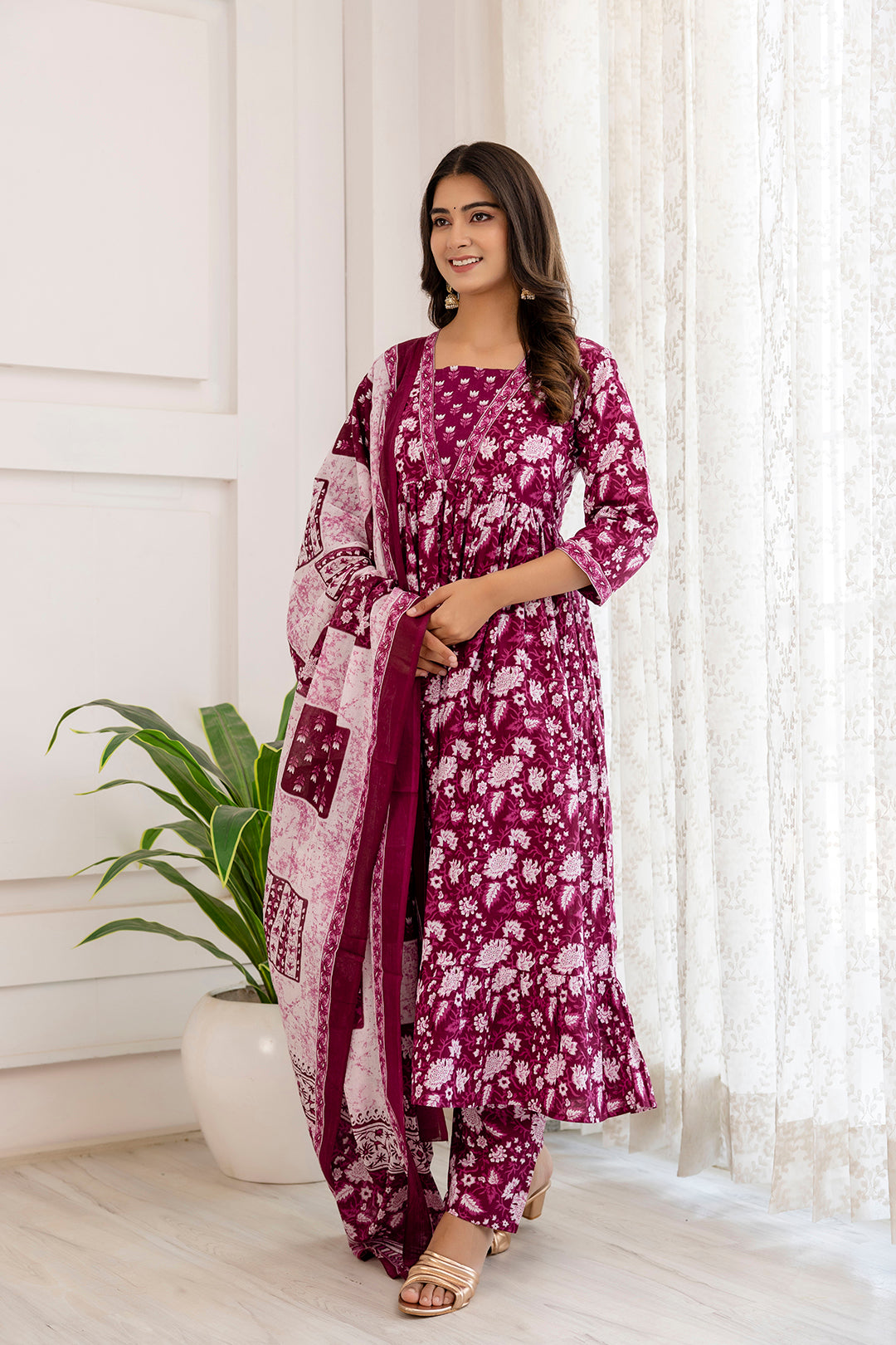 Women Purple Ethnic Printed Anarkali Kurta And Trouser With Dupatta - Rasiya