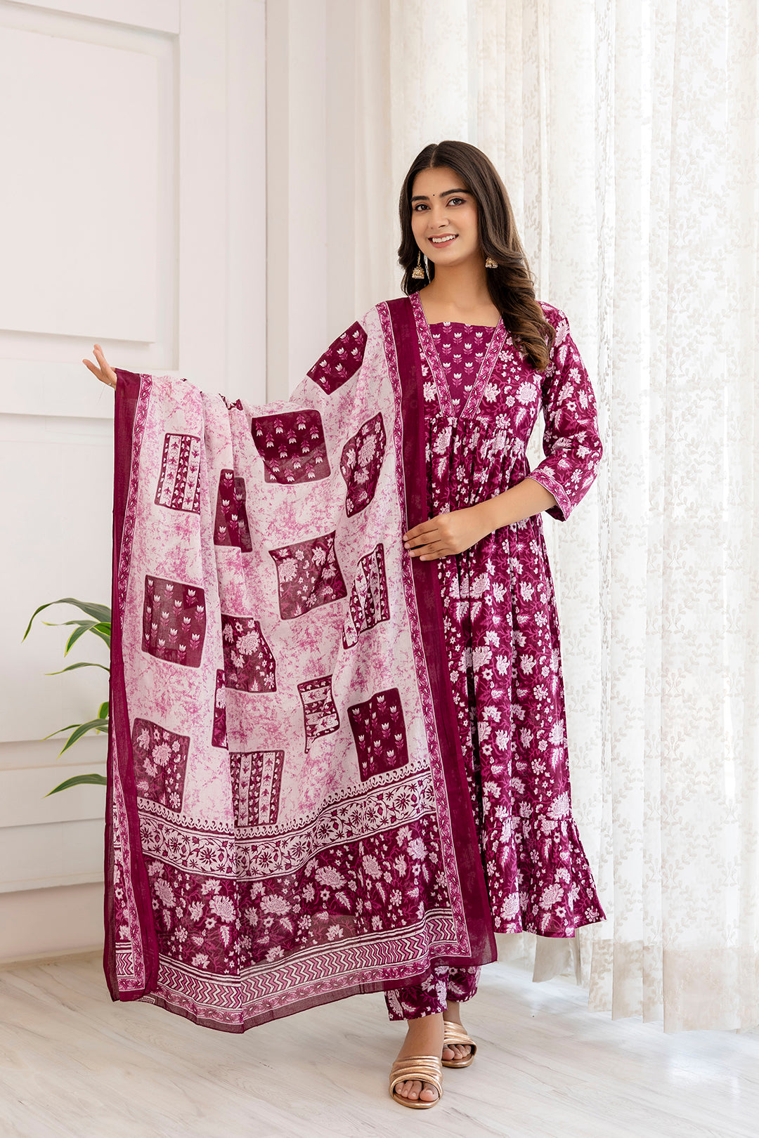 Women Purple Ethnic Printed Anarkali Kurta And Trouser With Dupatta - Rasiya