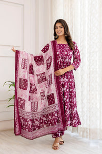 Thumbnail for Women Purple Ethnic Printed Anarkali Kurta And Trouser With Dupatta - Rasiya