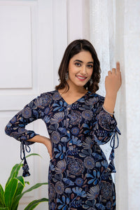 Thumbnail for Women Navy Blue Ethnic Printed Straight Kurta With Trouser - Rasiya