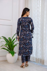 Thumbnail for Women Navy Blue Ethnic Printed Straight Kurta With Trouser - Rasiya