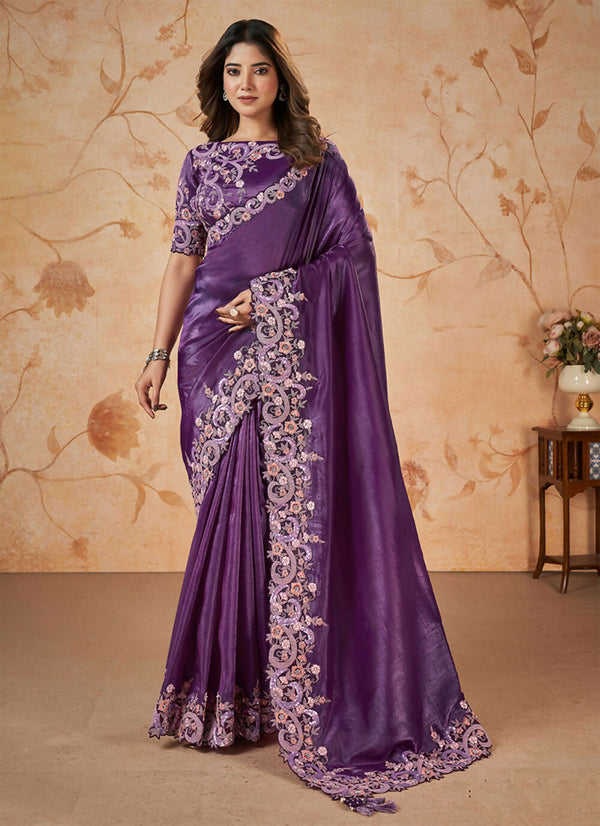 Purple Banarasi Crush Silk Thread, Sequence, Cord Embroidered with Stone & Moti Work Saree - Mohmanthan Dakshika - Distacart