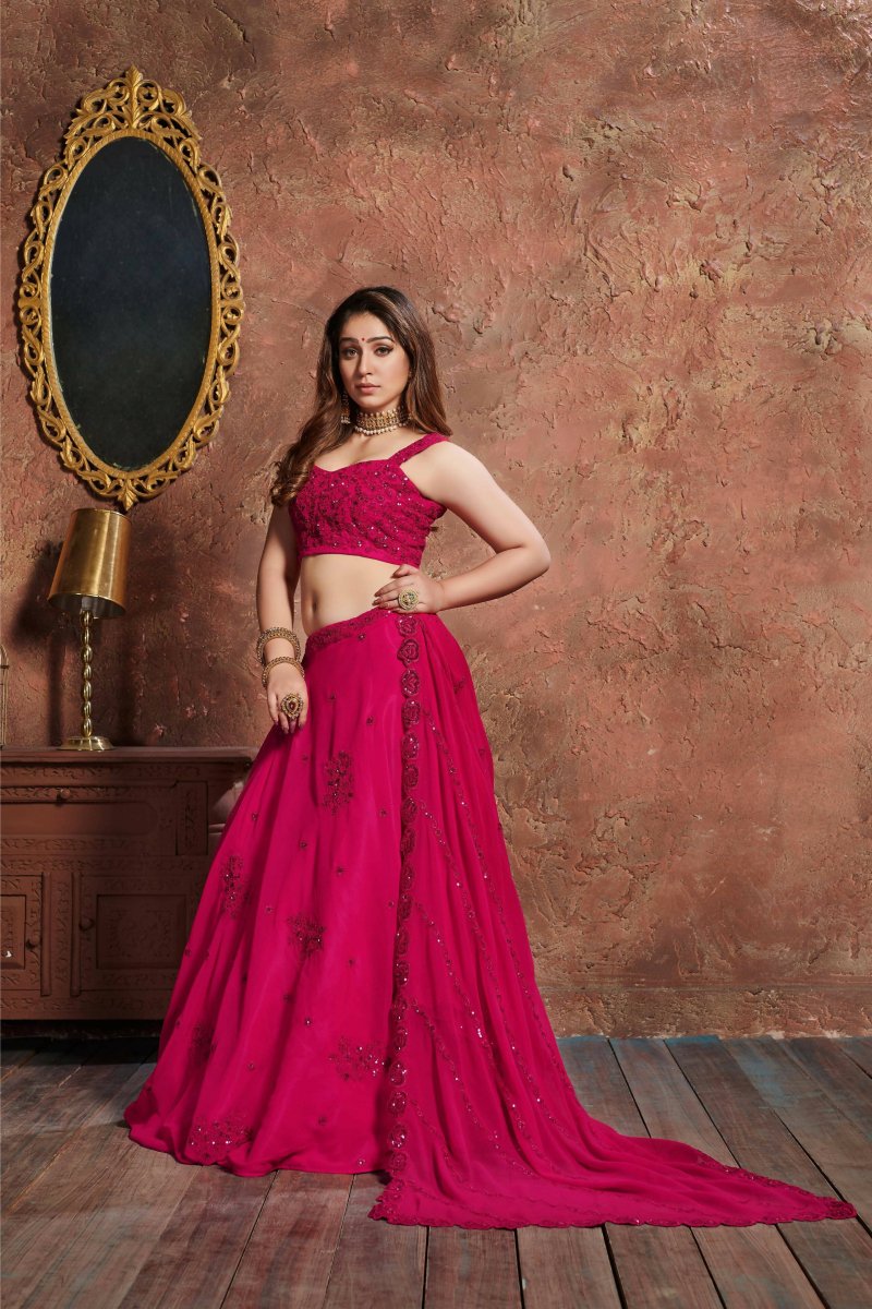 Aastha Fashion Women's Pink Sequins Work Georgette Wedding Wear Lehenga Choli - Distacart