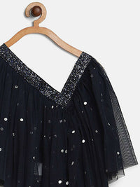 Thumbnail for Ahalyaa Navy Blue Net Asymmetric Kids Top With Skirt For Girls - Distacart