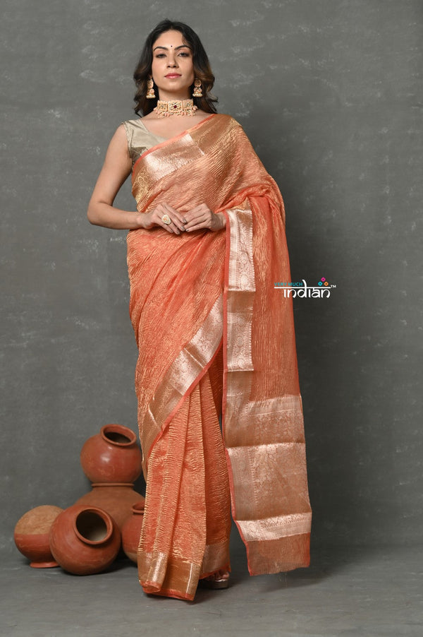 Very Much Indian Tyohaar - Exclusive! Banarasi Handloom Crushed Pure Tissue Silk Saree - Golden Orange (Silk Mark Certified) - Distacart