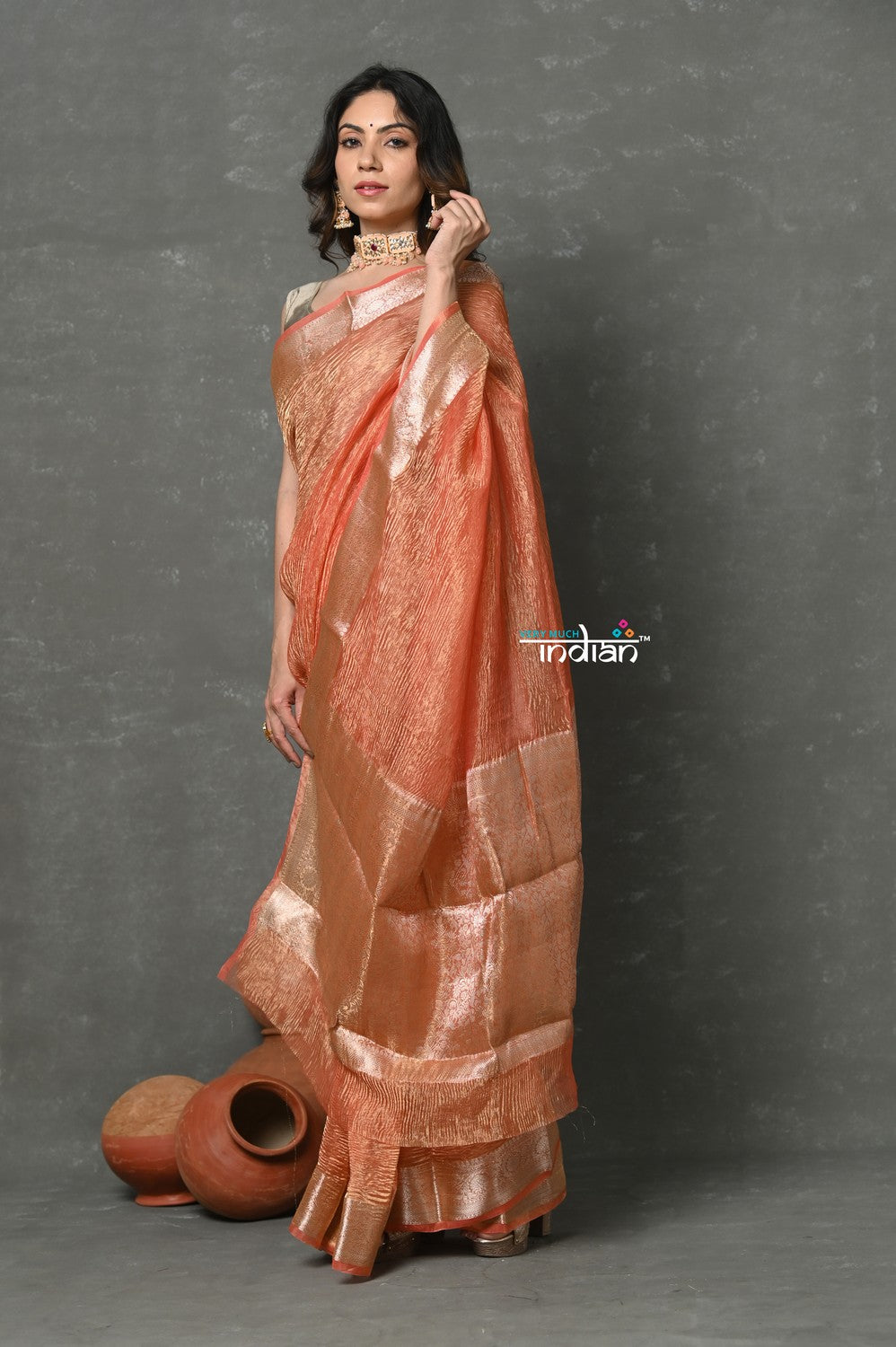 Very Much Indian Tyohaar - Exclusive! Banarasi Handloom Crushed Pure Tissue Silk Saree - Golden Orange (Silk Mark Certified) - Distacart