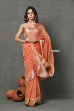 Thumbnail for Very Much Indian Tyohaar - Exclusive! Banarasi Handloom Crushed Pure Tissue Silk Saree - Golden Orange (Silk Mark Certified) - Distacart