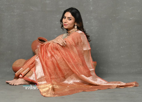 Very Much Indian Tyohaar - Exclusive! Banarasi Handloom Crushed Pure Tissue Silk Saree - Golden Orange (Silk Mark Certified) - Distacart
