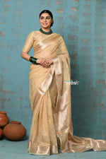 Thumbnail for Very Much Indian Tyohaar - Exclusive! Banarasi Handloom Crushed Pure Tissue Silk Saree - Beige Gold (Silk Mark Certified) - Distacart