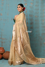 Thumbnail for Very Much Indian Tyohaar - Exclusive! Banarasi Handloom Crushed Pure Tissue Silk Saree - Beige Gold (Silk Mark Certified) - Distacart