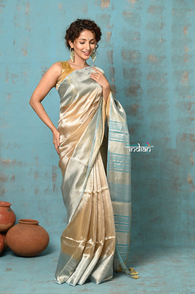Very Much Indian Tyohaar - Exquisite Beige Golden Pure Tissue Saree With Sea Blue Border
