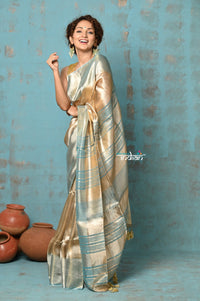 Thumbnail for Very Much Indian Tyohaar - Exquisite Beige Golden Pure Tissue Saree With Sea Blue Border