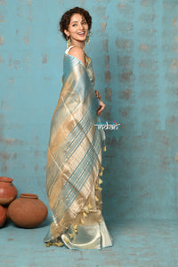 Thumbnail for Very Much Indian Tyohaar - Exquisite Beige Golden Pure Tissue Saree With Sea Blue Border