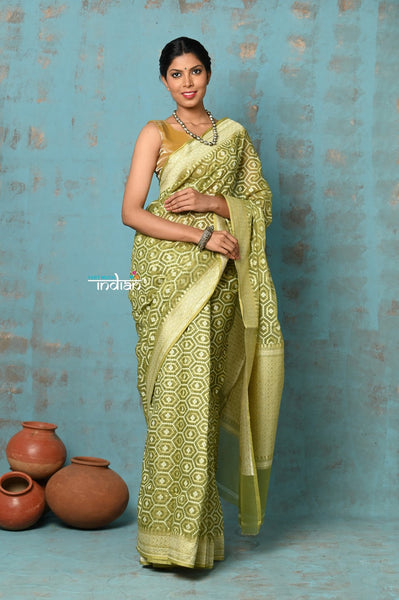 Very Much Indian Tejaswi - Exclusive High Quality Handloom Banarasi Cotton Saree with Beautiful Abstract Print- Leaf Green - Distacart