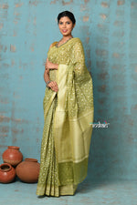 Thumbnail for Very Much Indian Tejaswi - Exclusive High Quality Handloom Banarasi Cotton Saree with Beautiful Abstract Print- Leaf Green - Distacart