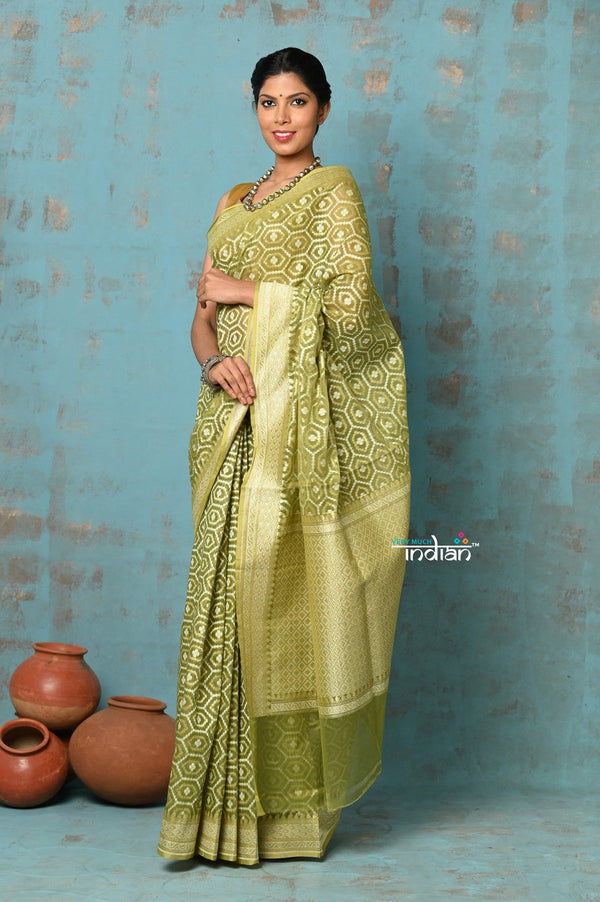 Very Much Indian Tejaswi - Exclusive High Quality Handloom Banarasi Cotton Saree with Beautiful Abstract Print- Leaf Green - Distacart