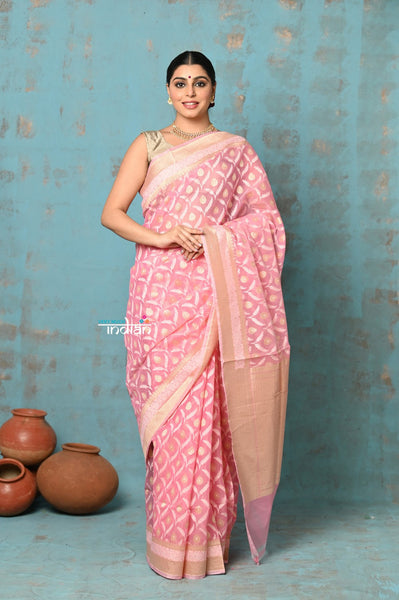 Very Much Indian Tejaswi - Exclusive High Quality Handloom Banarasi Cotton Saree with Beautiful Abstract Print- Soft Pink - Distacart