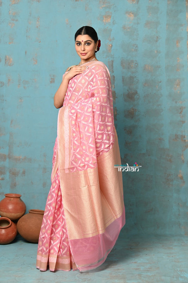Very Much Indian Tejaswi - Exclusive High Quality Handloom Banarasi Cotton Saree with Beautiful Abstract Print- Soft Pink - Distacart