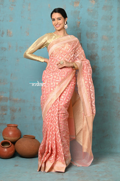 Very Much Indian Tejaswi - Exclusive High Quality Handloom Banarasi Cotton Saree with Beautiful Abstract Print- Ombre Peach - Distacart
