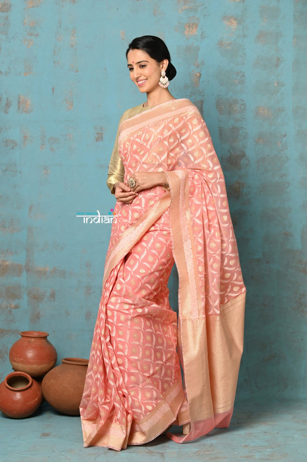 Very Much Indian Tejaswi - Exclusive High Quality Handloom Banarasi Cotton Saree with Beautiful Abstract Print- Ombre Peach - Distacart