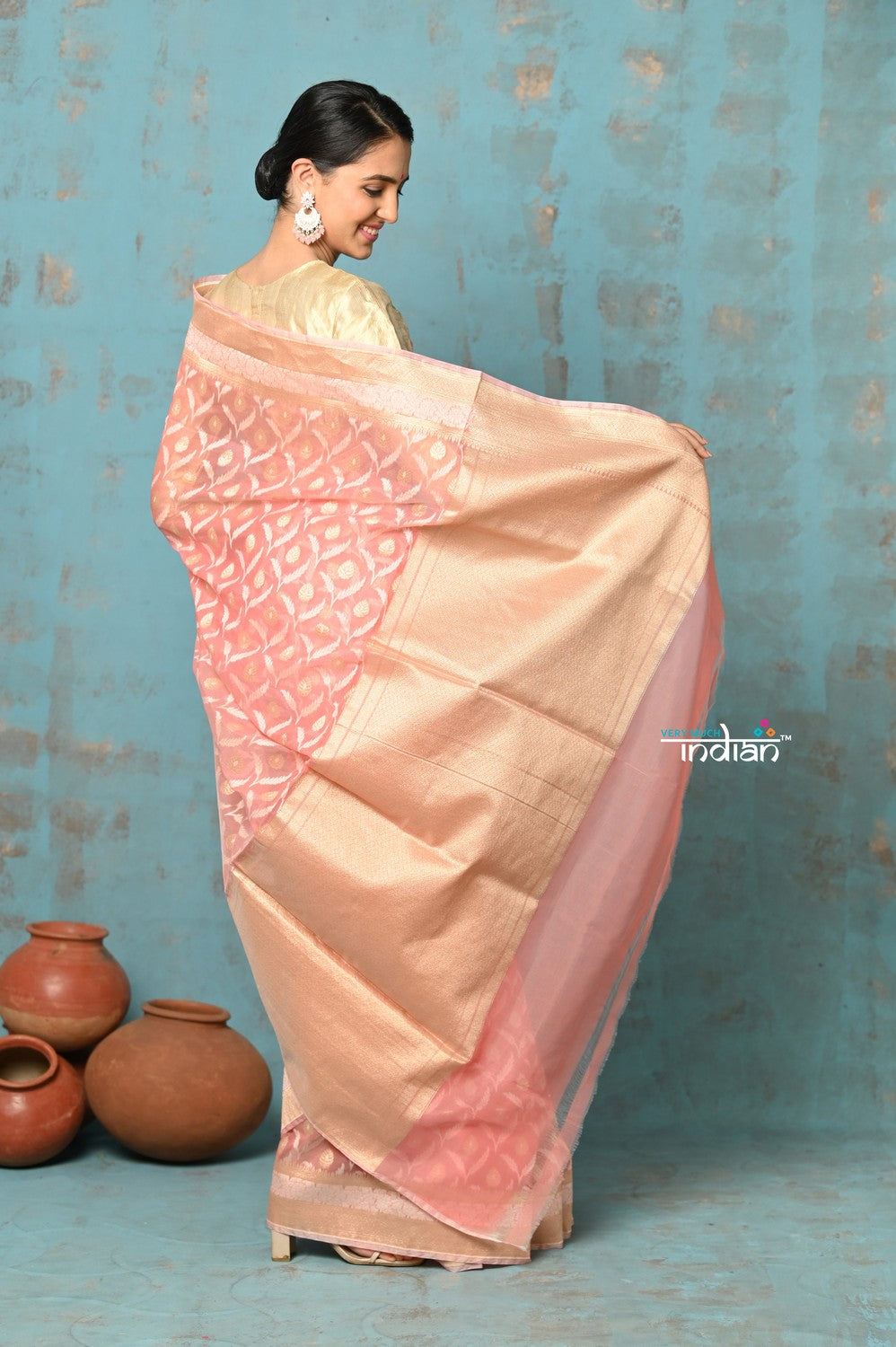 Very Much Indian Tejaswi - Exclusive High Quality Handloom Banarasi Cotton Saree with Beautiful Abstract Print- Ombre Peach - Distacart