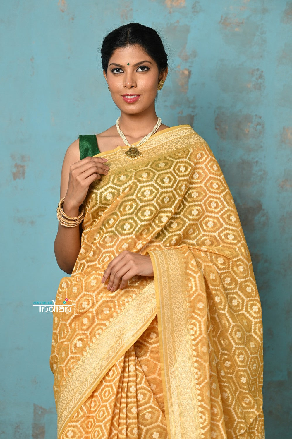 Very Much Indian Tejaswi - Exclusive High Quality Handloom Banarasi Cotton Saree with Beautiful Abstract Print- Sunset Yellow - Distacart