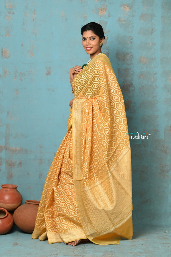 Very Much Indian Tejaswi - Exclusive High Quality Handloom Banarasi Cotton Saree with Beautiful Abstract Print- Sunset Yellow - Distacart