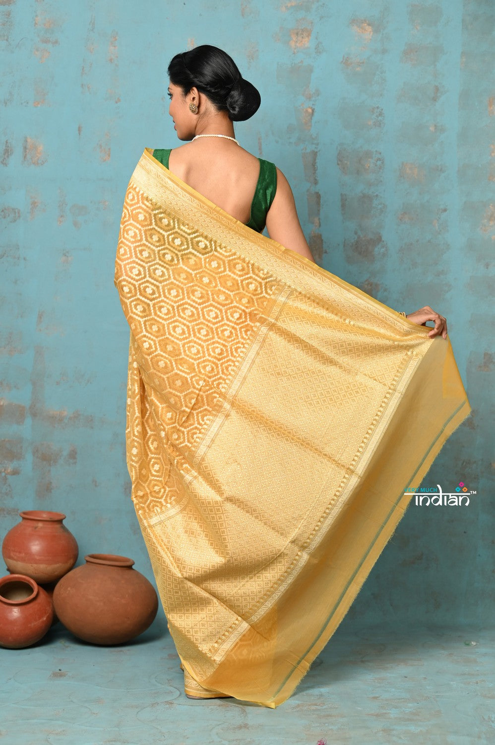 Very Much Indian Tejaswi - Exclusive High Quality Handloom Banarasi Cotton Saree with Beautiful Abstract Print- Sunset Yellow - Distacart